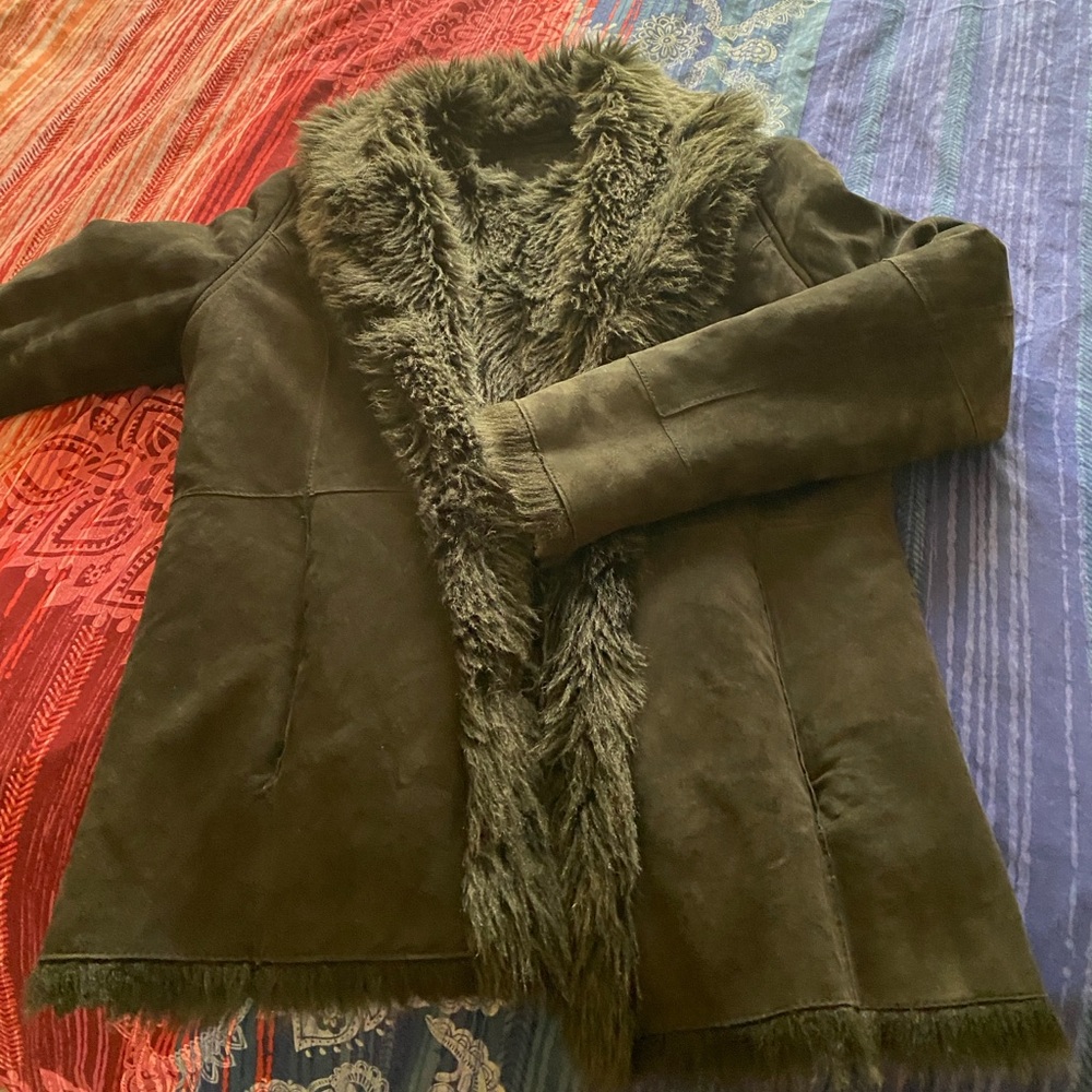 UGG Black Genuine Suede Leather Coat with Faux Fur Collar and Trim